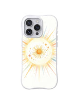 Celestial Garden Ray: A daisy is centered in a pale circular halo with long gold and pastel rays.