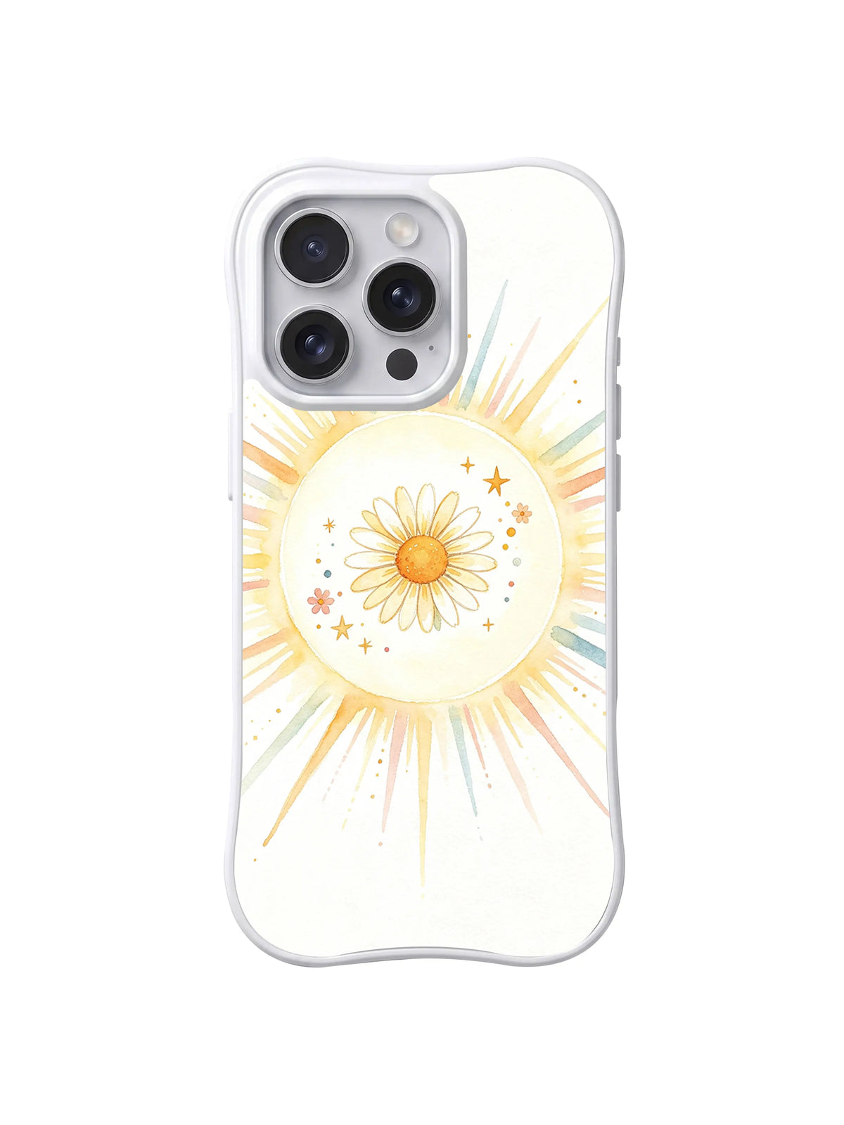 Celestial Garden Ray: A daisy is centered in a pale circular halo with long gold and pastel rays.