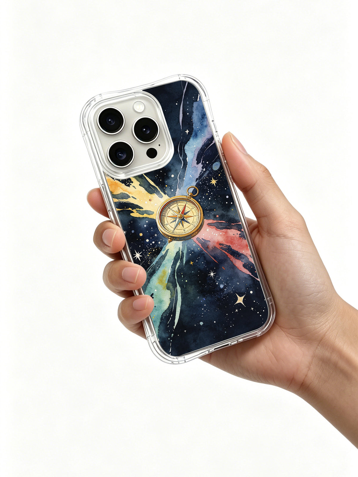 Dream Galaxy Compass: A hand holding the illustrated case.