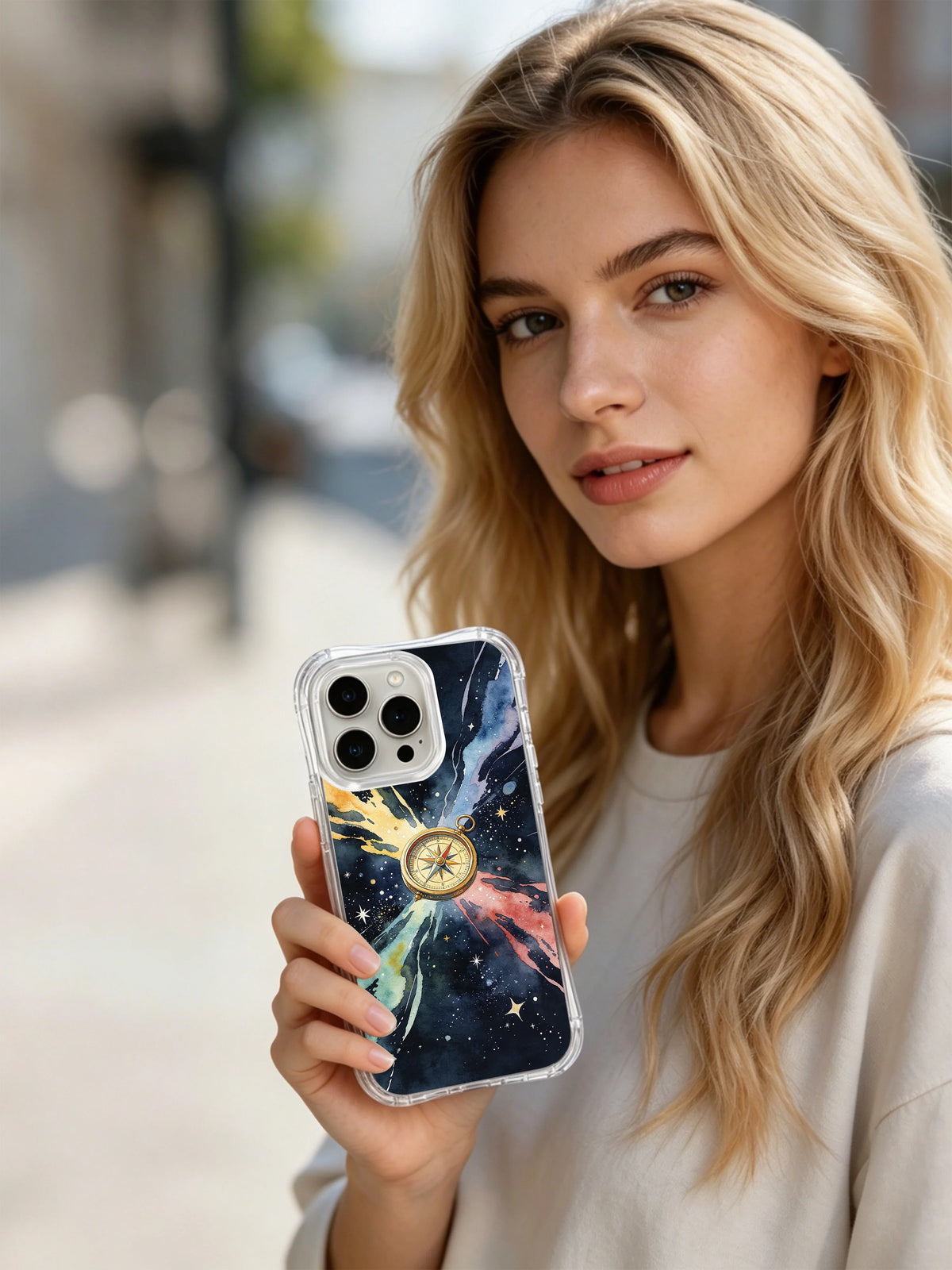 Dream Galaxy Compass: A person holding the illustrated case outdoors.