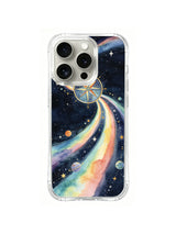 Dream Galaxy Compass / Rainbow Orbit Navigator: A small compass near the camera opening above a curved rainbow route through a star field.