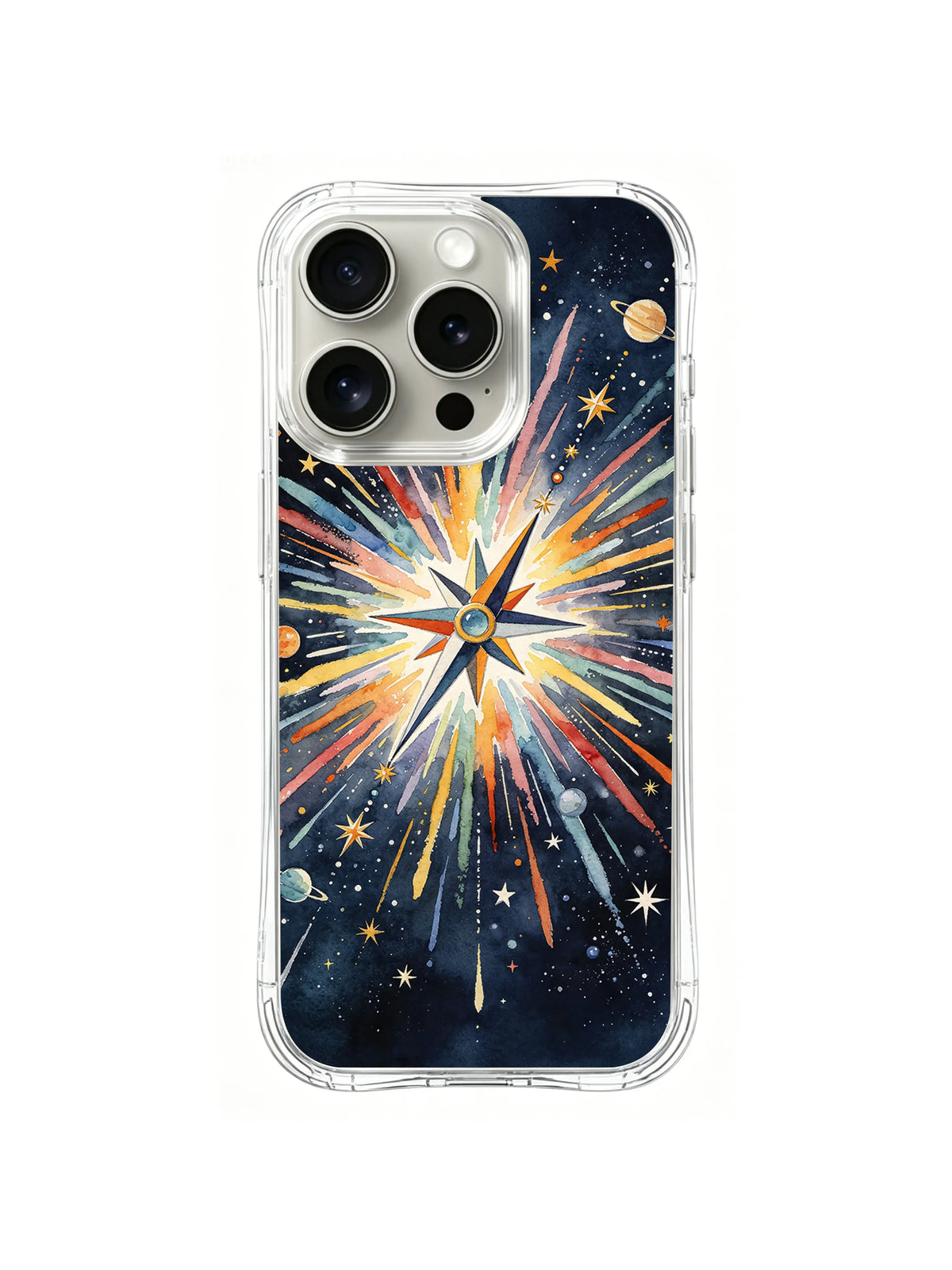 Dream Galaxy Compass / Cosmic Needle Burst: A narrow pointed compass motif with long rainbow rays and tiny planets on dark blue.