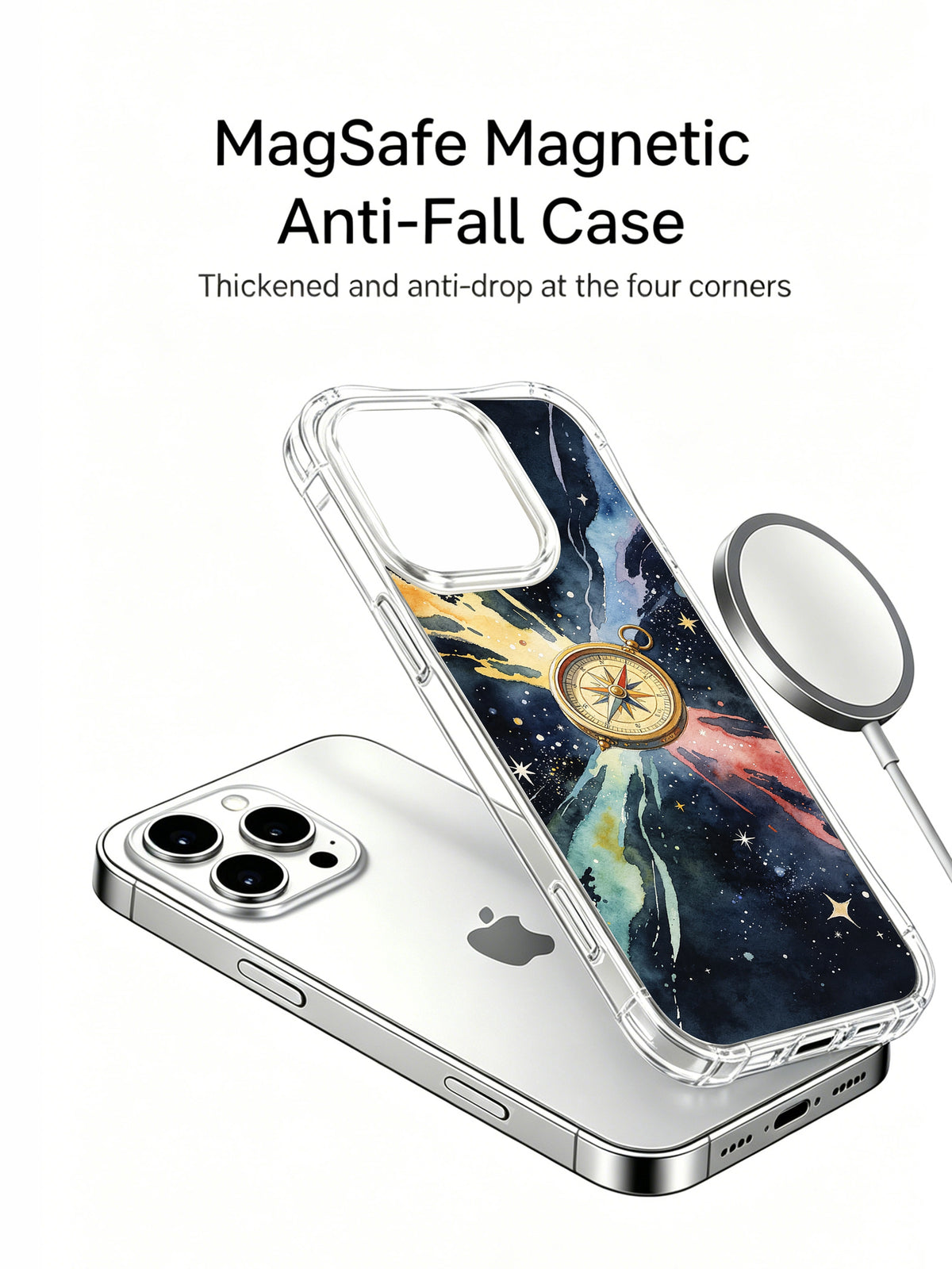 Dream Galaxy Compass: Illustrated case separated from a phone beside a circular charging puck.