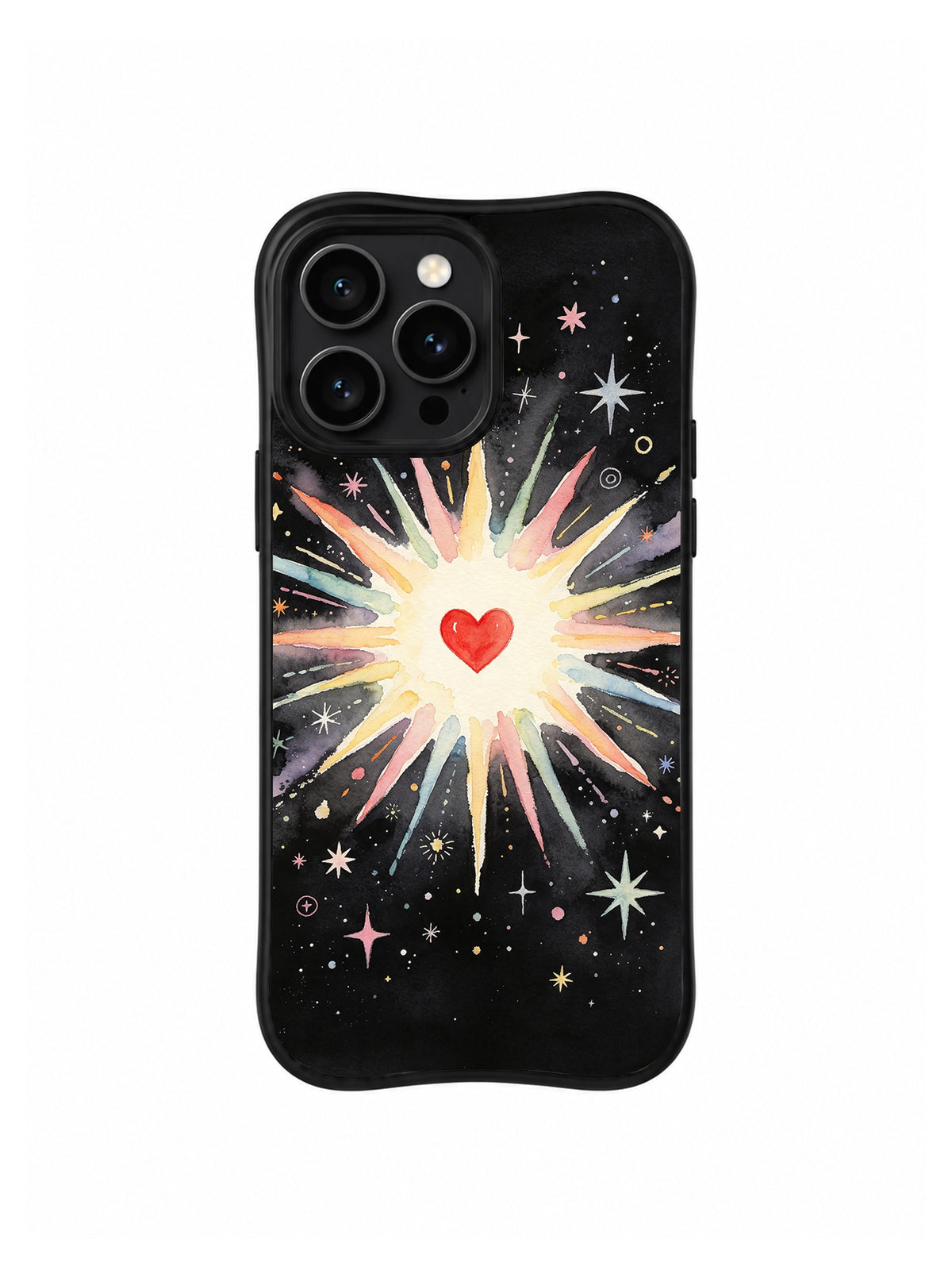 Heart of Infinite Light: Ek arka görünüm: Siyah zeminde düzensiz pastel ışınlar ve iri dağınık yıldızlarla geniş açık patlamada küçük kırmızı kalp.