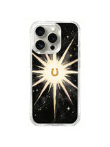 Golden Luck Starburst: A small gold horseshoe sits inside a compact white burst on a black star field.