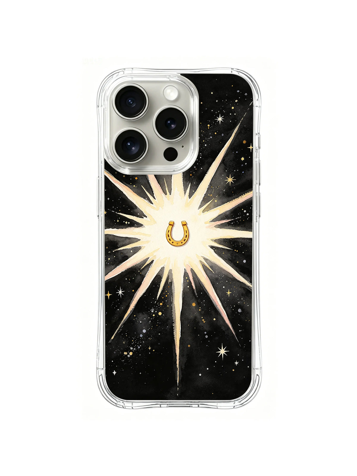 Golden Luck Starburst: A small gold horseshoe sits inside a compact white burst on a black star field.