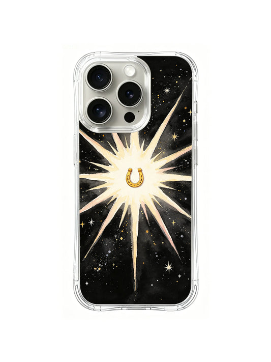 Golden Luck Starburst: A small gold horseshoe sits inside a compact white burst on a black star field.