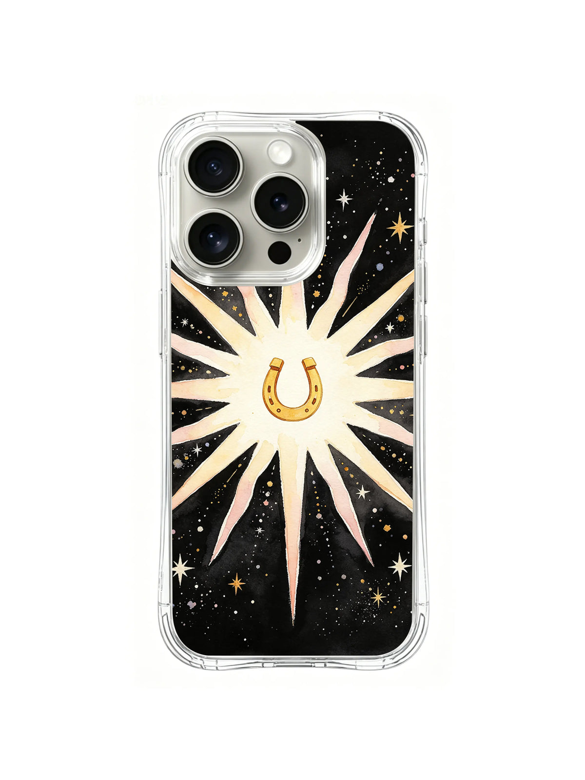 Radiant Horseshoe Sun: A large upright horseshoe is centered in a cream radial sun.