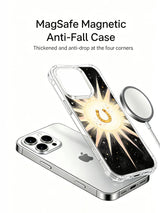 Angled case beside a magnetic-ring illustration with charging and anti-fall claims