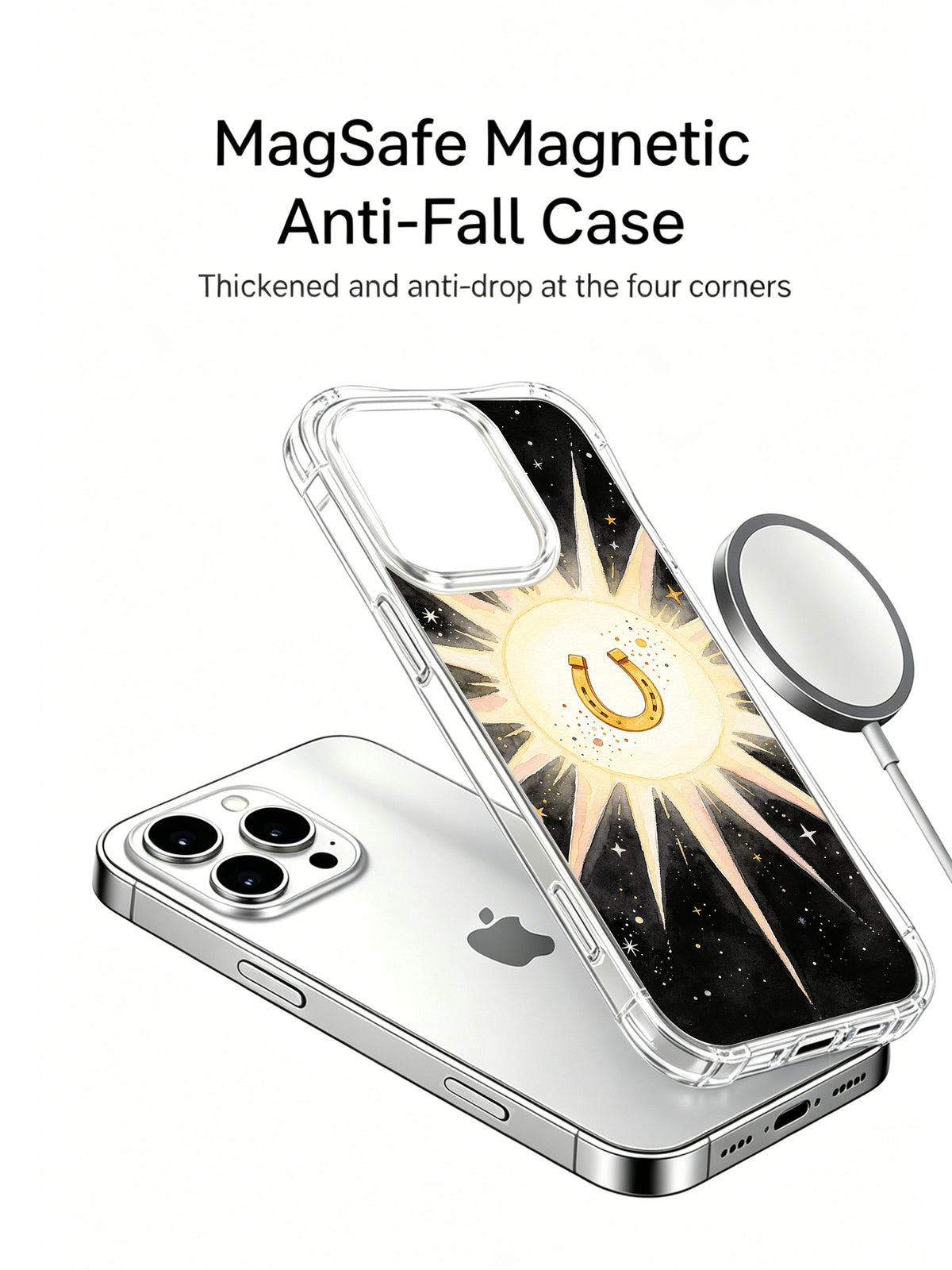 Angled case beside a magnetic-ring illustration with charging and anti-fall claims