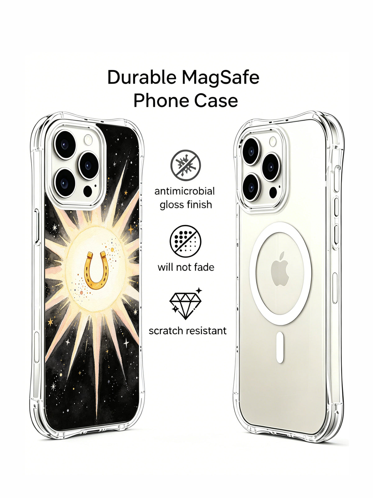 Front and rear case views beside coating and finish claim icons