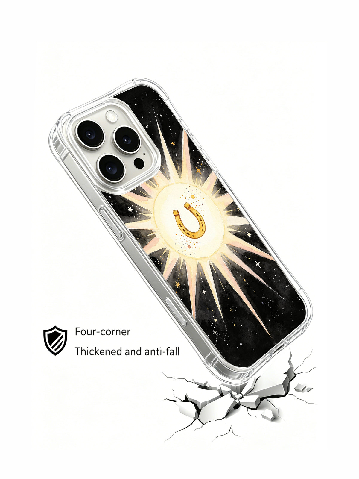 Angled case above a cracked-surface illustration with anti-fall claim