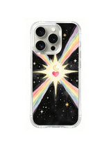 Moonlit Heartburst / Rainbow Starheart Crossing: Çapraz gökkuşağı ışınlarının birleştiği açık patlamada küçük hilal ve pembe kalp.