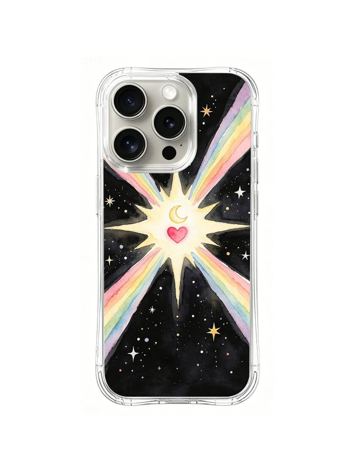 Moonlit Heartburst / Rainbow Starheart Crossing: Çapraz gökkuşağı ışınlarının birleştiği açık patlamada küçük hilal ve pembe kalp.