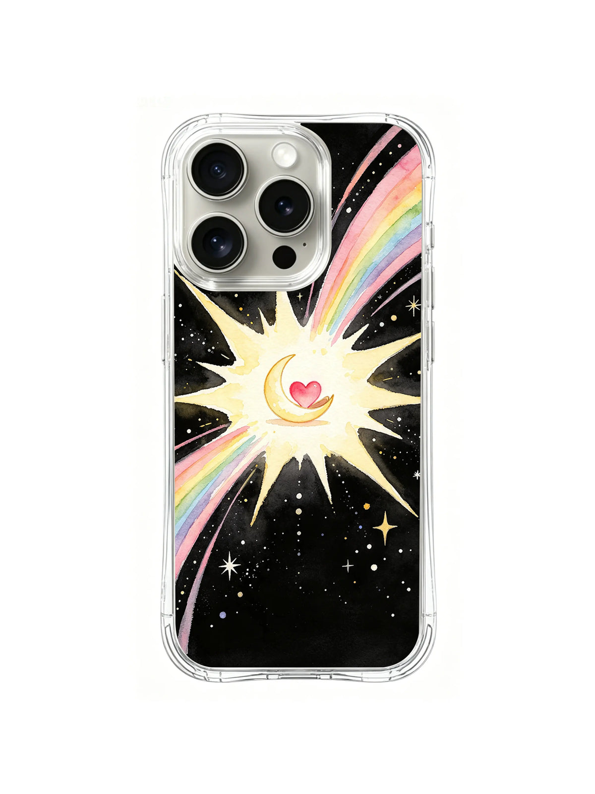 Moonlit Heartburst / Moon Ring Heartlight: Gökkuşağı şeritlerinin geçtiği parlak patlamada pembe kalbin çevresine kıvrılan açık hilal.