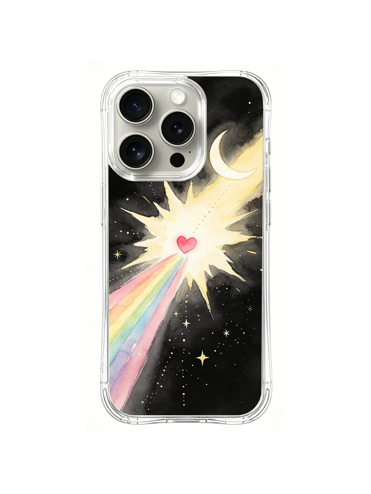 Moonlit Heartburst / Twin Moon Heartburst: Üstünde görünen tek hilal ve altında gökkuşağı iziyle açık çapraz patlamada pembe kalp.