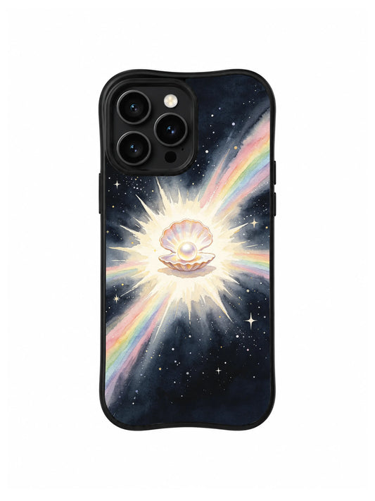 Rainbow Pearl Burst: A small open shell and pearl sit in a white burst crossed by rainbow rays.