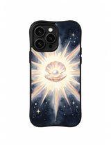 Radiant Shell Star: A scallop shell is centered inside pointed cream, pink and blue rays.