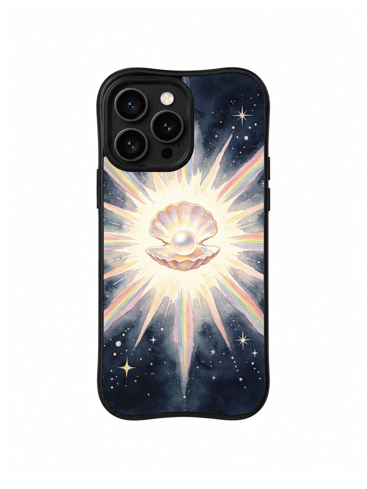 Radiant Shell Star: A scallop shell is centered inside pointed cream, pink and blue rays.