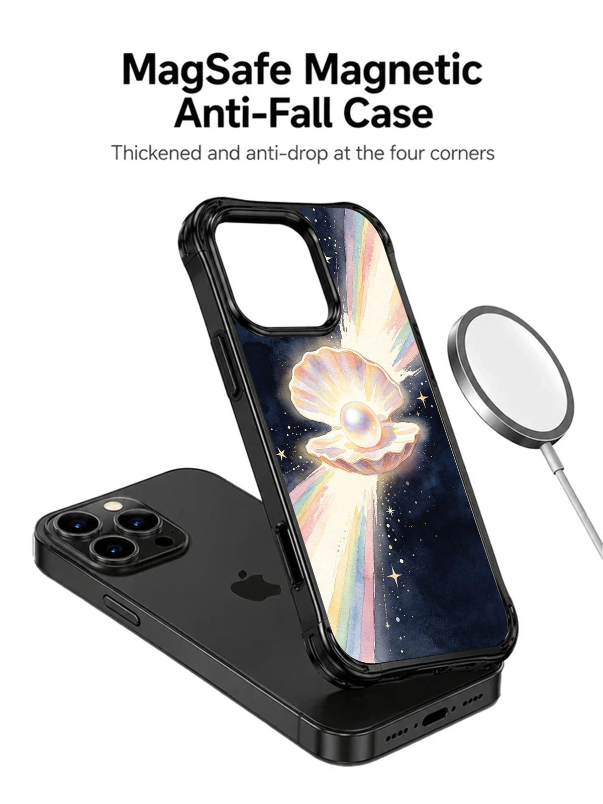 Angled case beside a magnetic-ring illustration with charging and anti-fall claims