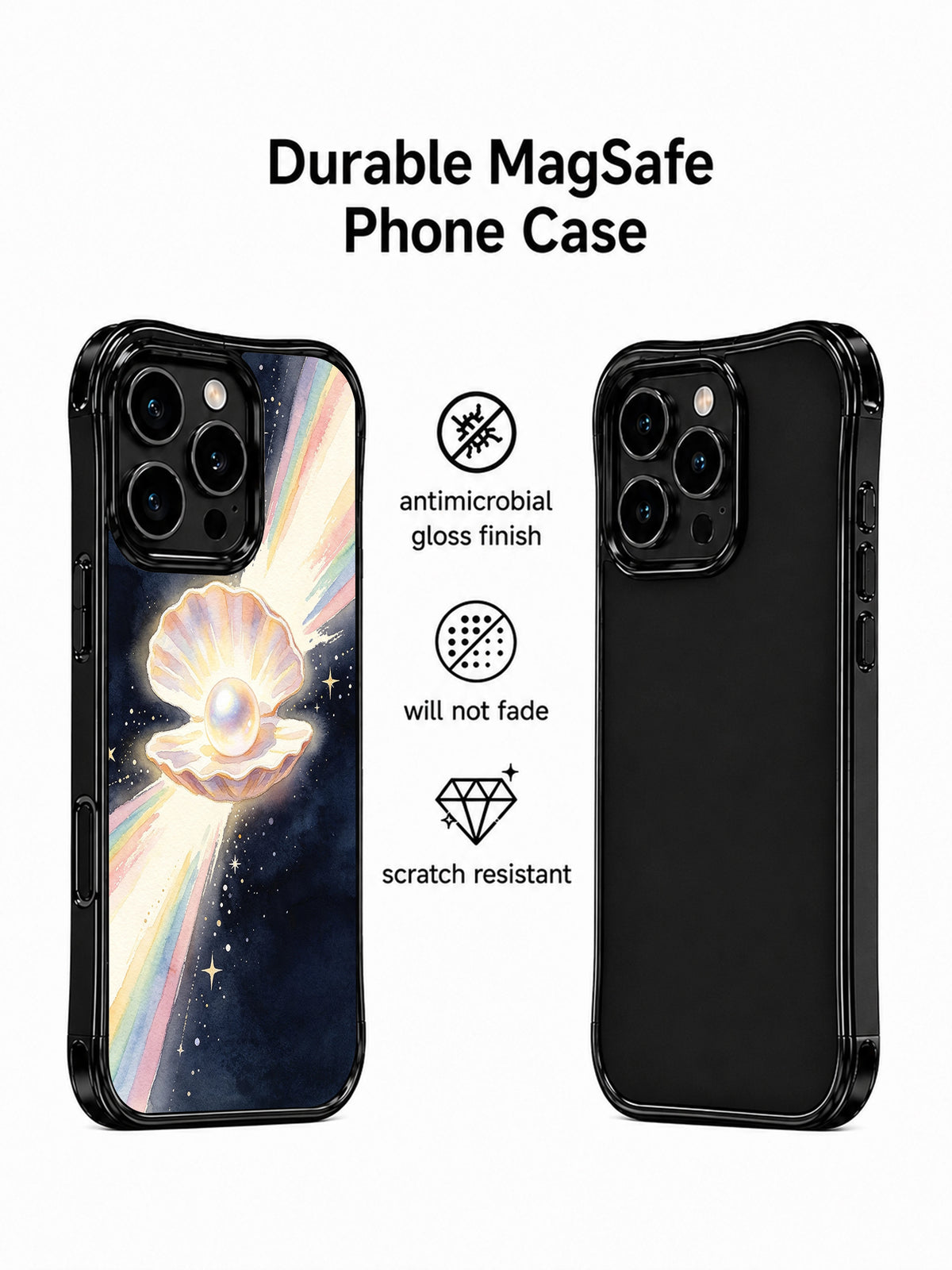 Front and rear case views beside coating and finish claim icons