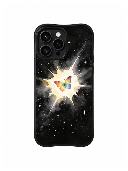 Rainbow Butterfly Universe / Tiny Butterfly Supernova: A tiny rainbow butterfly centered in a pale starburst surrounded by fine stars on black.
