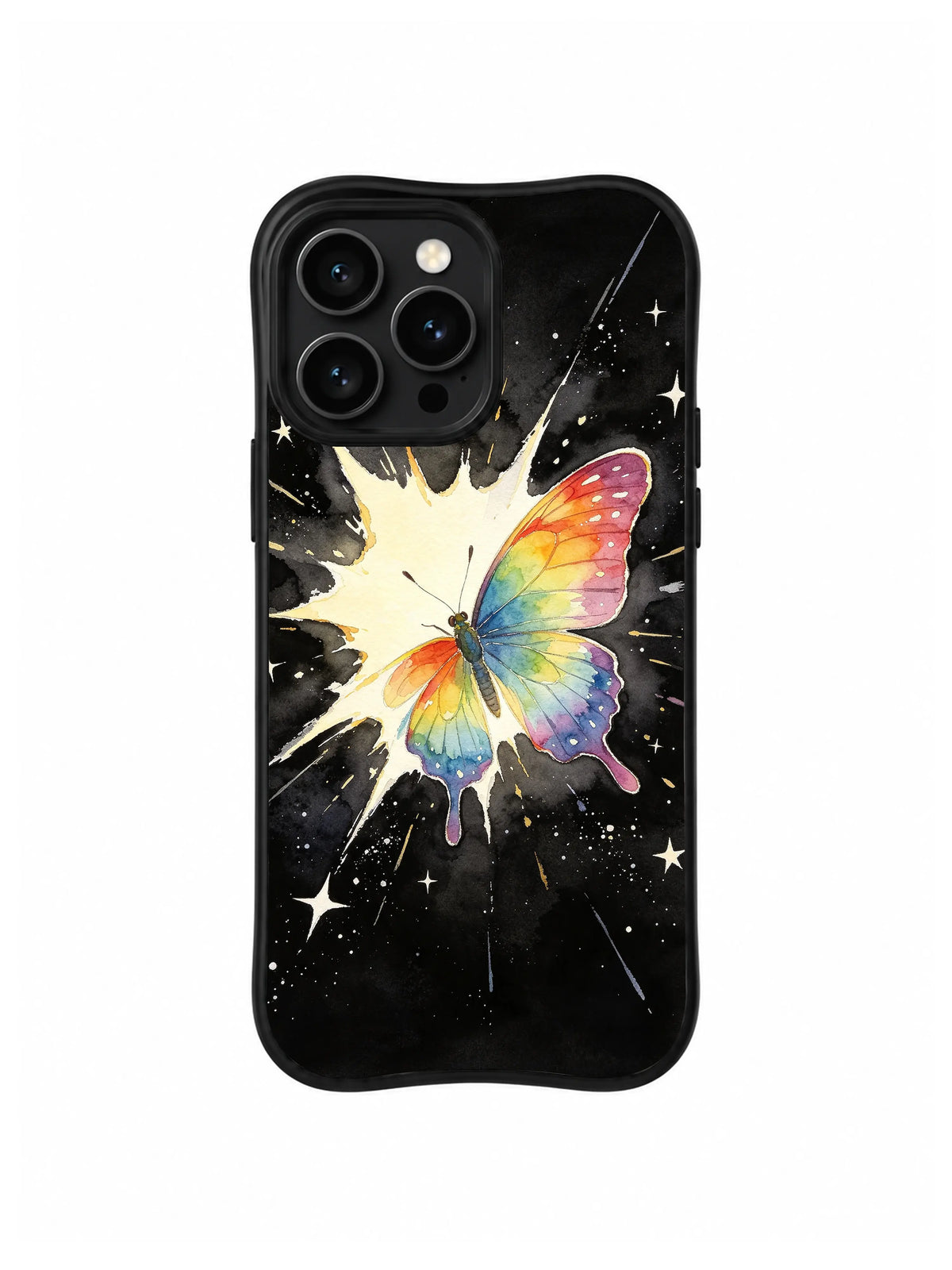 Rainbow Butterfly Universe / Painted Galaxy Wings: Uzun ince ışınlı keskin krem patlamanın önünde iri eğik gökkuşağı kelebeği.