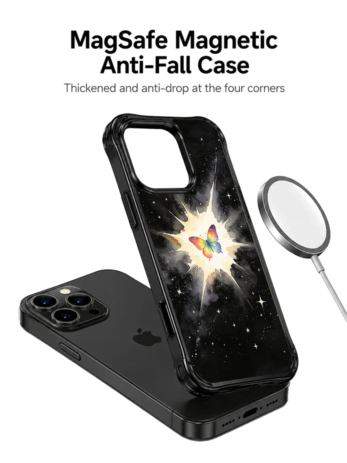 Rainbow Butterfly Universe: Yuvarlak şarj aygıtının yanında telefondan ayrı gösterilen desenli kılıf.