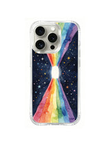 Rainbow Energy Portal / Rainbow Hourglass Portal: Rainbow bands converge above and below a small white center against a navy star field.