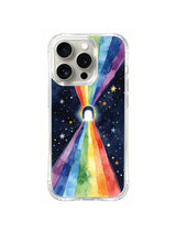Rainbow Energy Portal / Tiny Rainbow Gateway: A tiny outlined arch between two broad rainbow fans with scattered yellow and white stars.