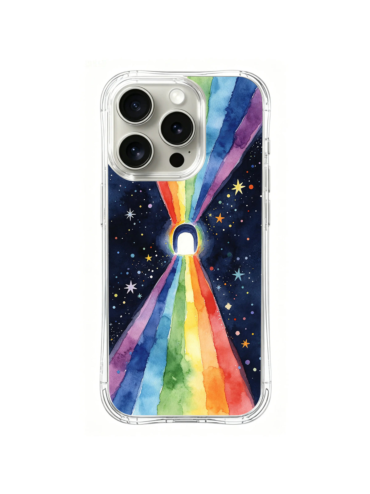 Rainbow Energy Portal / Tiny Rainbow Gateway: A tiny outlined arch between two broad rainbow fans with scattered yellow and white stars.