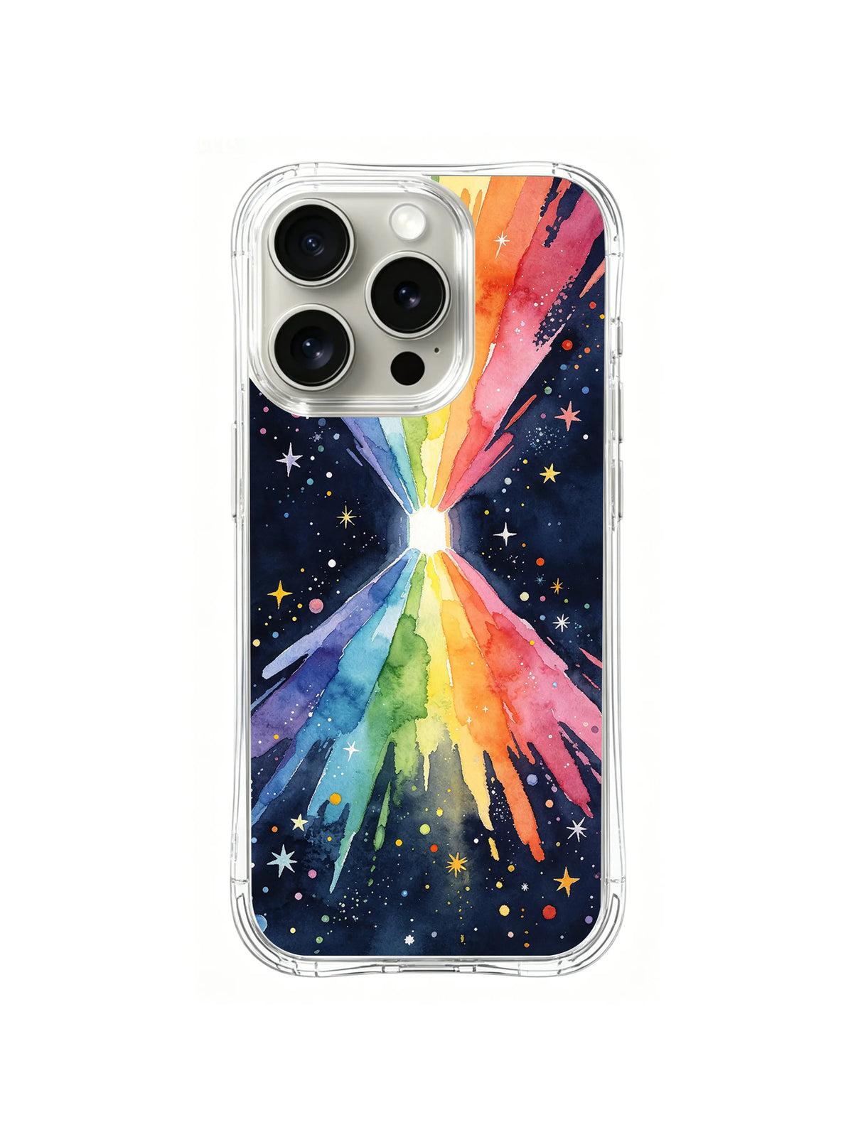 Rainbow Energy Portal / Cosmic Prism Burst: Rainbow bands meet at a bright center and break into loose dripping strokes below.