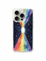 Rainbow Energy Portal: Additional rear view: Rainbow bands converge above and below a small white center against a navy star field.