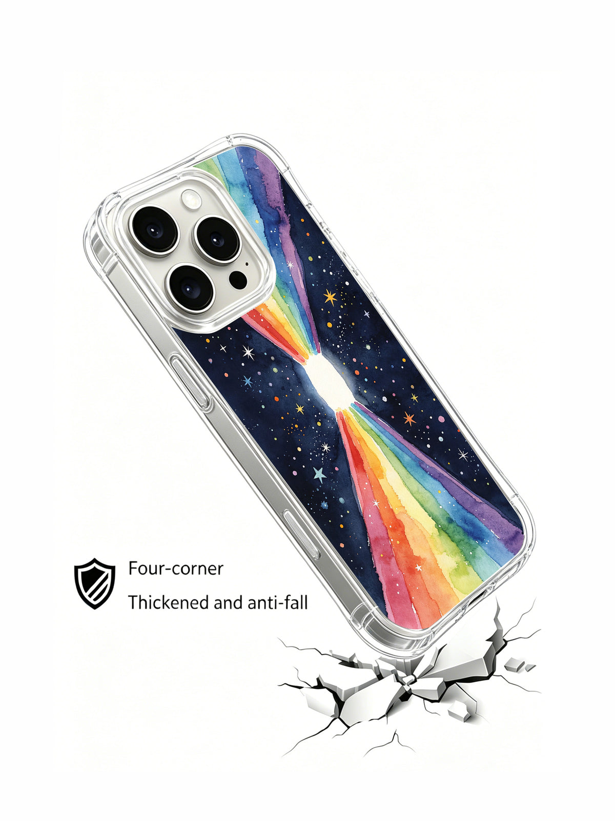 Rainbow Energy Portal: Angled illustrated case above a cracked-surface graphic.