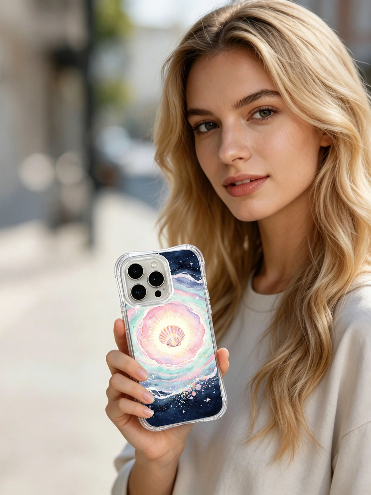 Ana Radiant Wishes Deniz Kabuğu desenli kılıfı tutan kişi