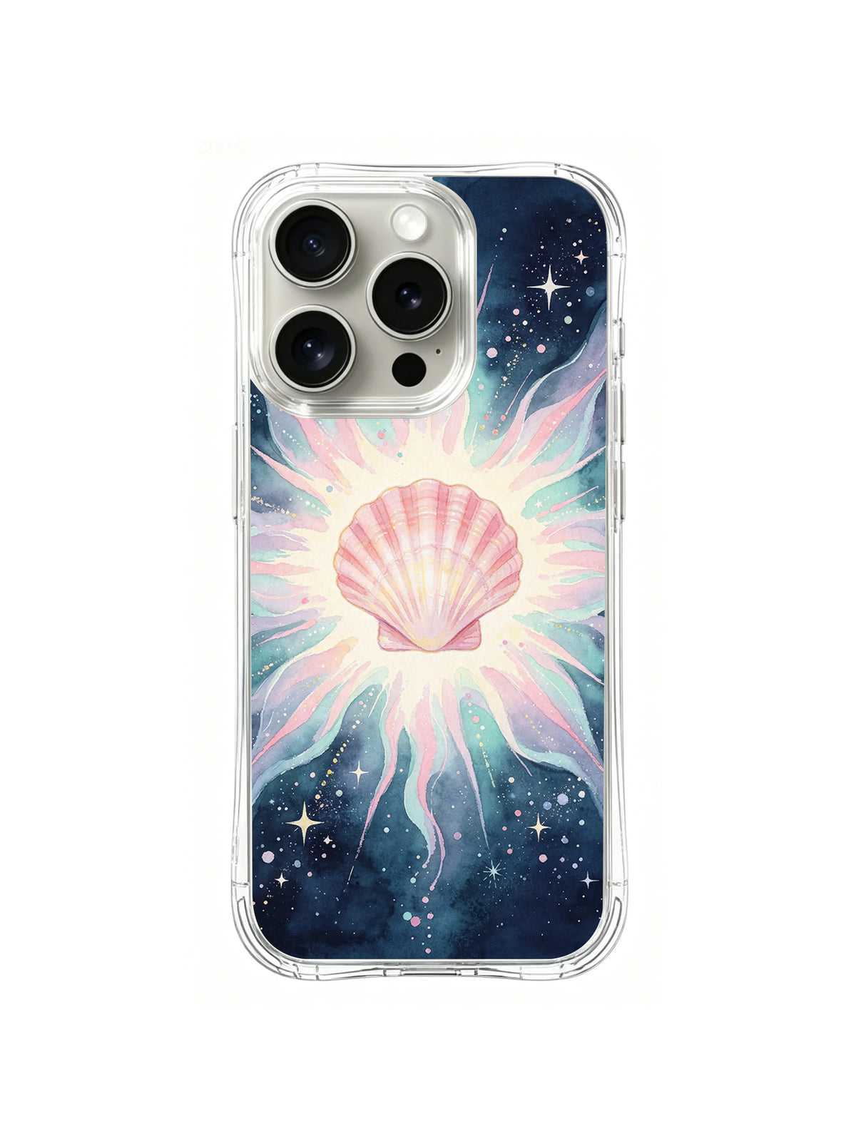 Radiant Scallop Star: Beyaz yıldız patlamasının içinde büyük, yelpaze biçimli pembe kabuk.