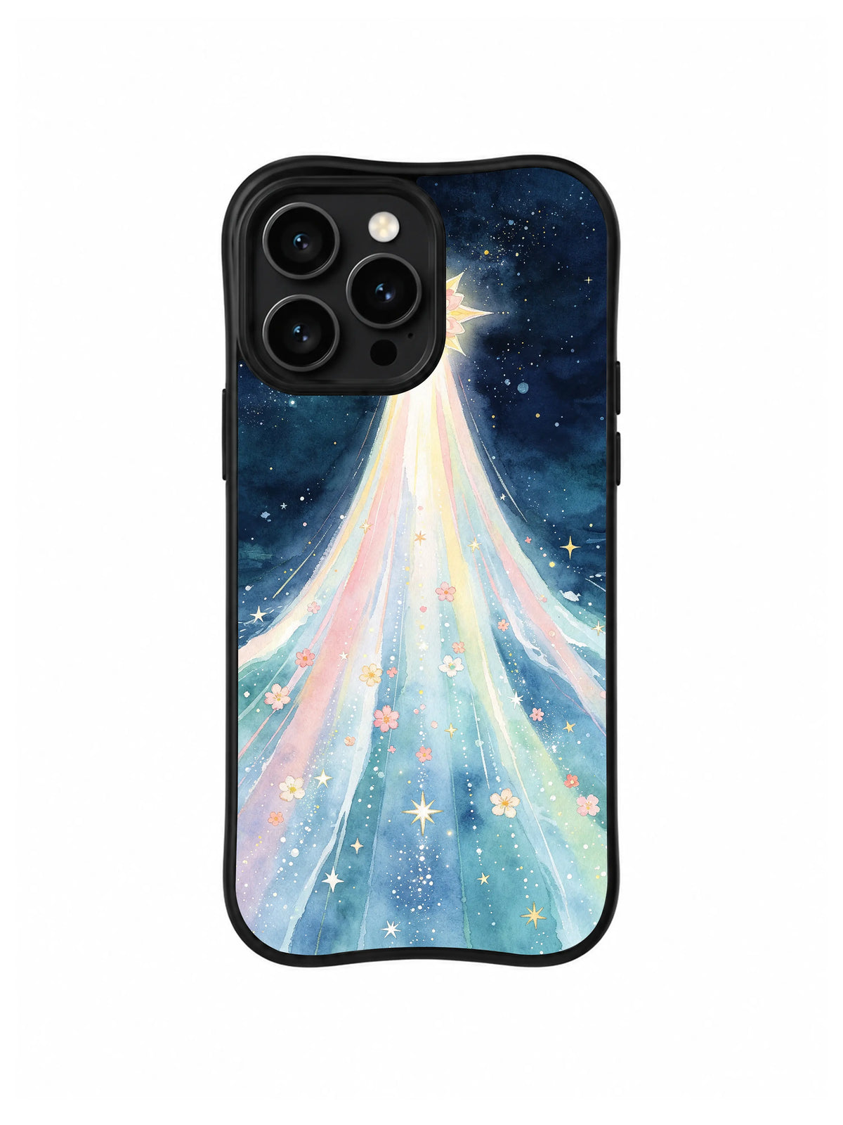 Starlight Waterfall: A bright star near the top sends a wide pastel waterfall toward the lower edge.