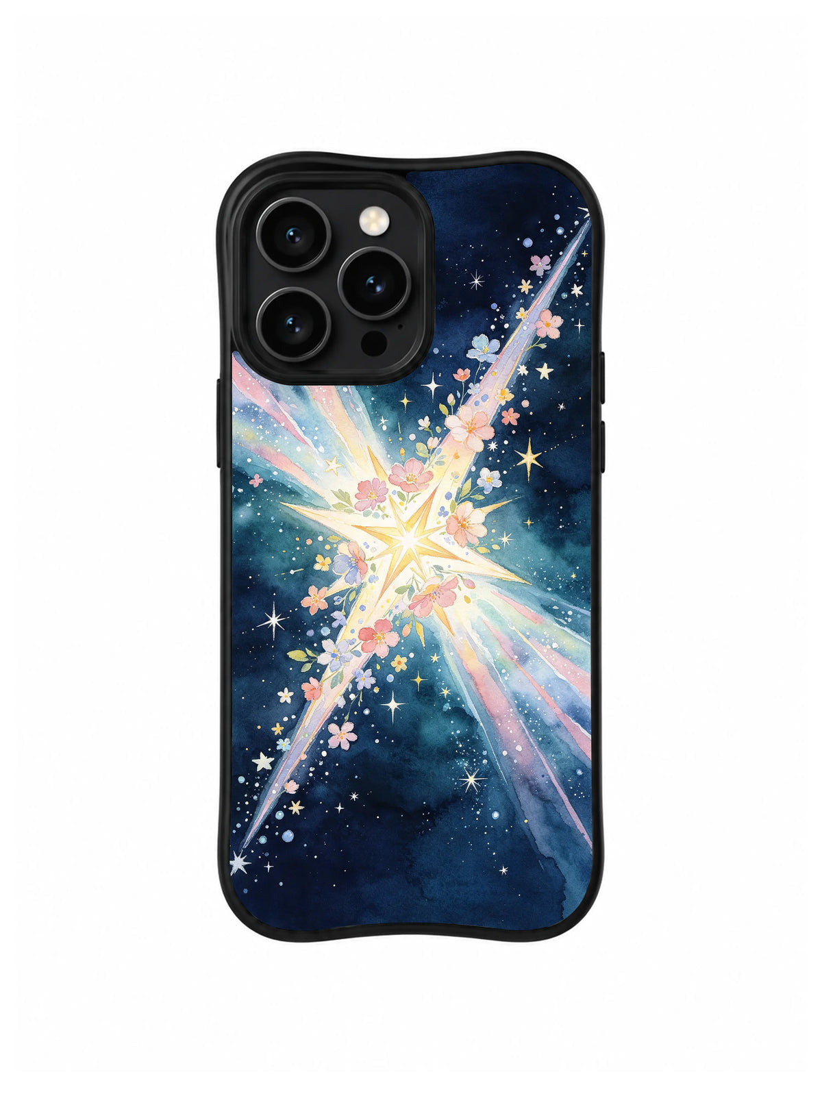 Flowering Comet Cross: Diagonal pastel beams cross behind a pointed central starflower.