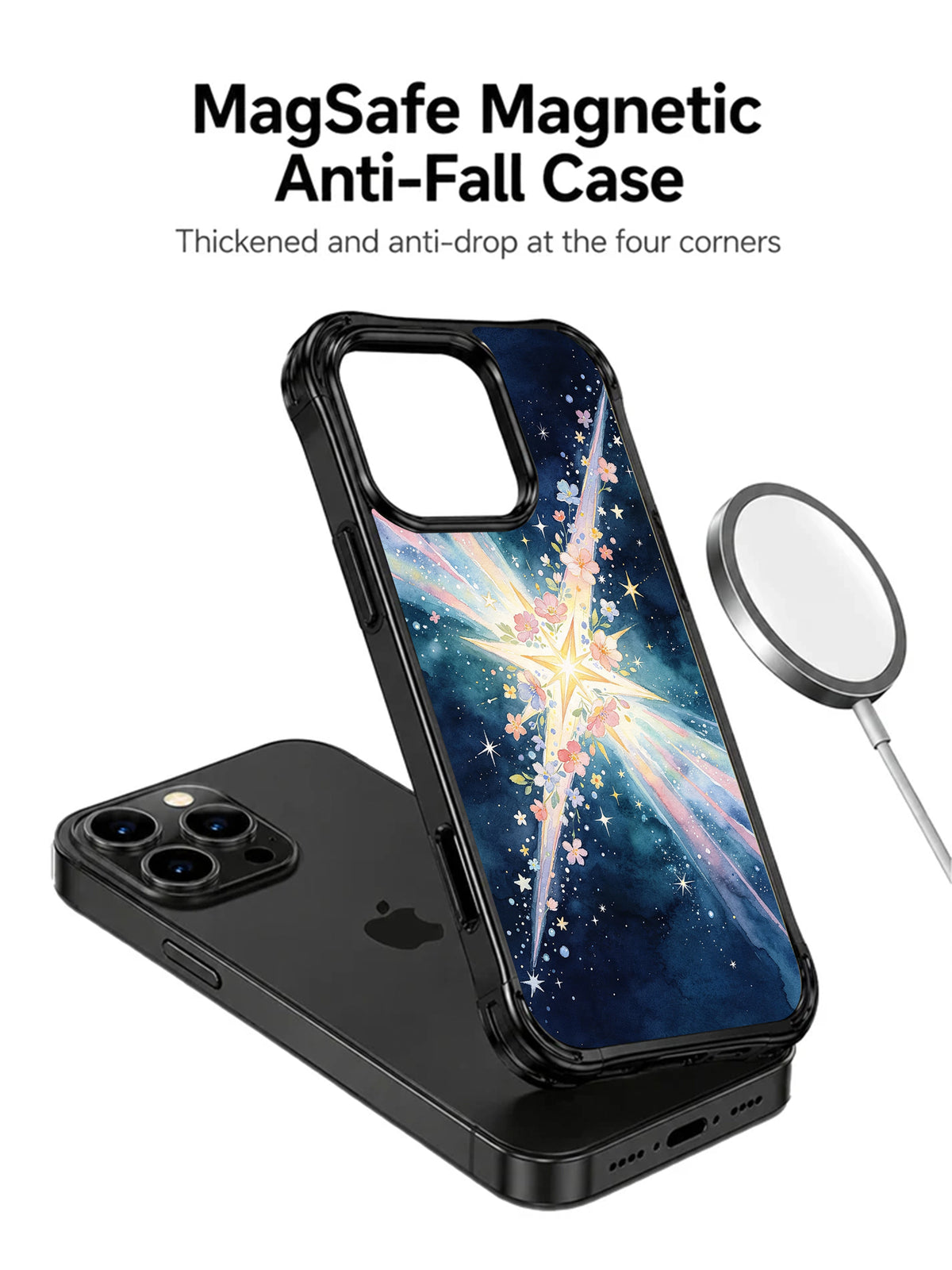 Angled case beside a magnetic-ring illustration with charging and anti-fall claims
