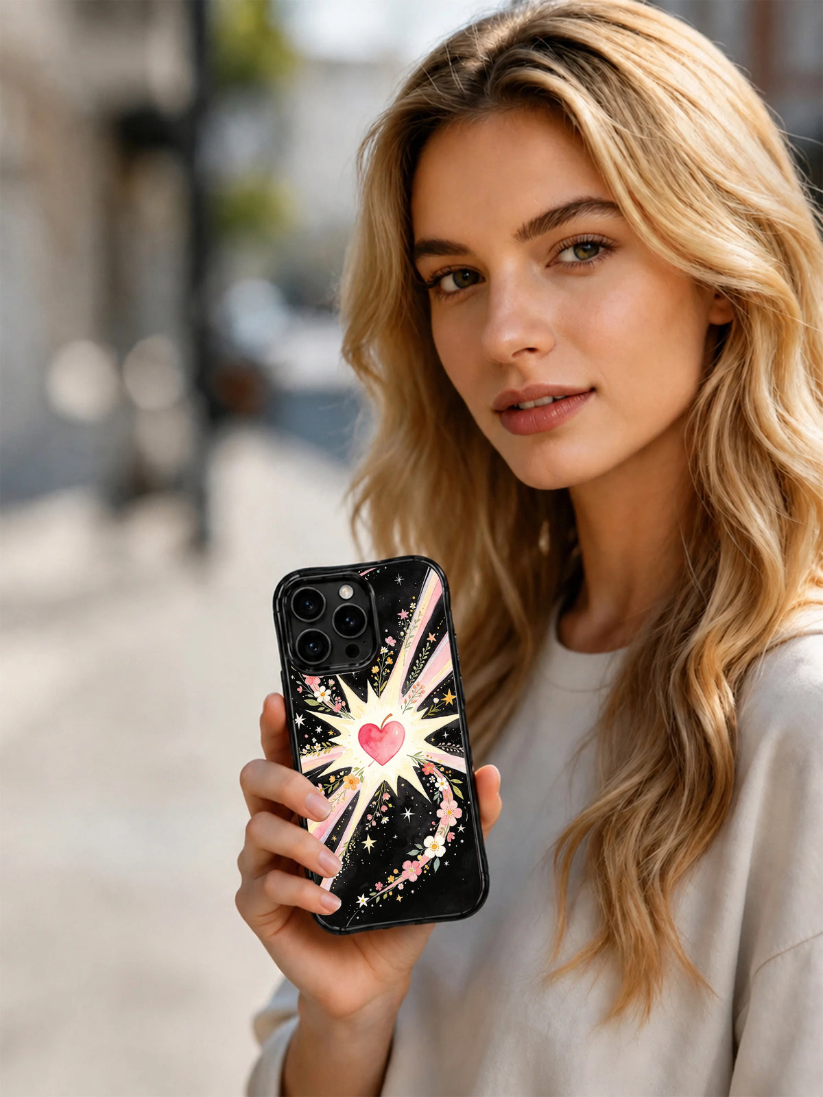 Ana Wildflower Galaxy Heart desenli kılıfı tutan kişi