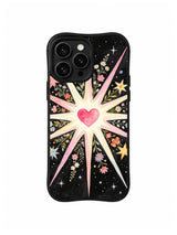 Pink Galaxy Meadow: Işınların arasında çiçekler bulunan sivri krem yıldız patlamasının ortasında pembe kalp.