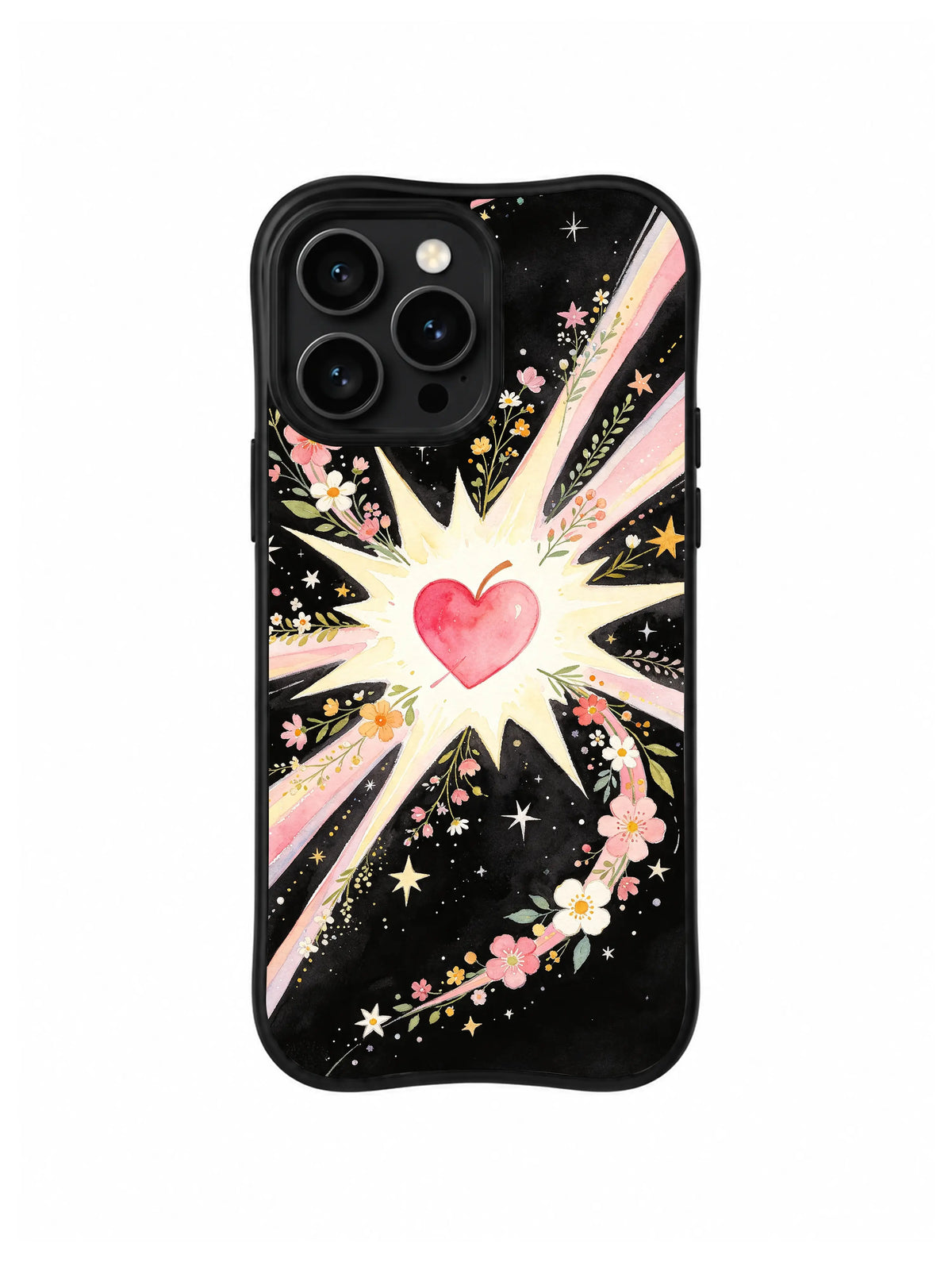 Radiant Floral Heart: Kıvrımlı çiçek izleriyle çevrili beyaz patlamada büyük pembe kalp.