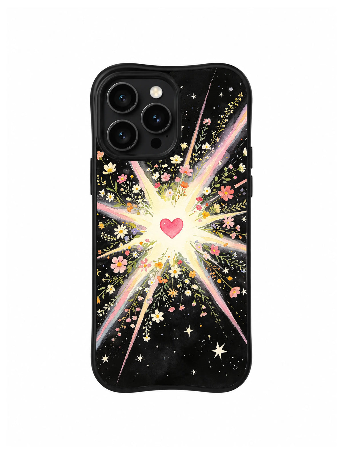 Starlit Garden Love: Küçük çiçekler ve yıldızlarla çevrili yoğun beyaz patlamada parlayan küçük kalp.
