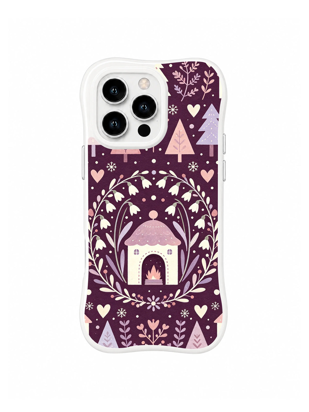 Vine Ring Snow House folk art iPhone 13 Pro case with moon, snowdrop and leaf motifs