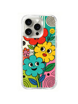 Retro Flower Friends: Büyük kırmızı, sarı ve turkuaz yüzlü çiçekler grafik bahçede üst üste gelir.