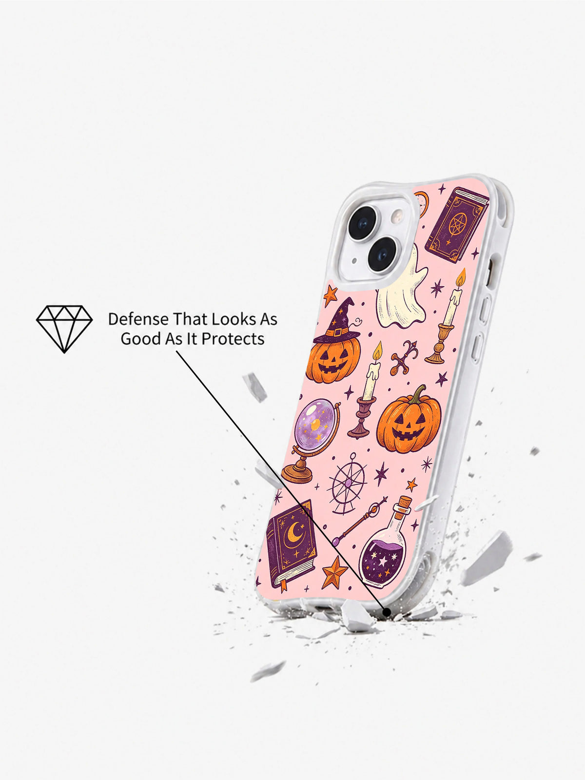 Bookish Halloween phone case with candles, crystal ball and pumpkins