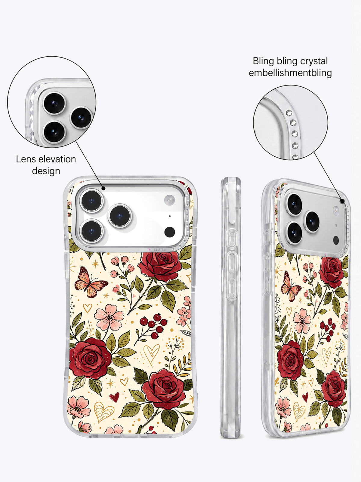 Red rose and butterfly illustration detail on phone case