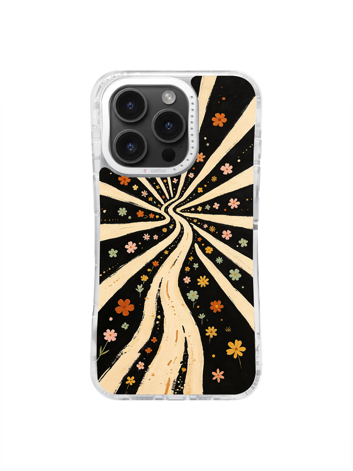 Radiating cream sunburst and scattered flowers pattern on black phone case