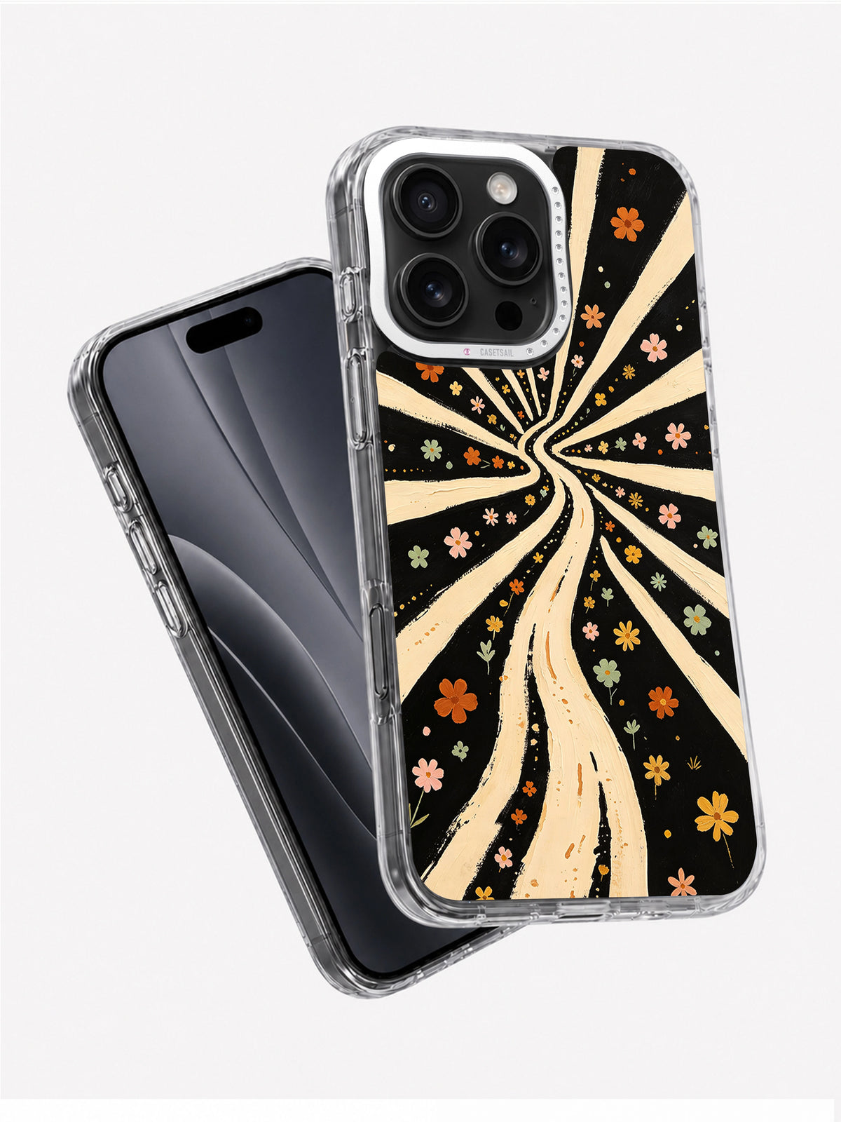 Retro western floral iPhone case displayed beside a phone at an angled view