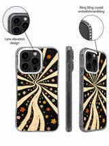 Close-up views of the raised rhinestone camera frame on the floral phone case